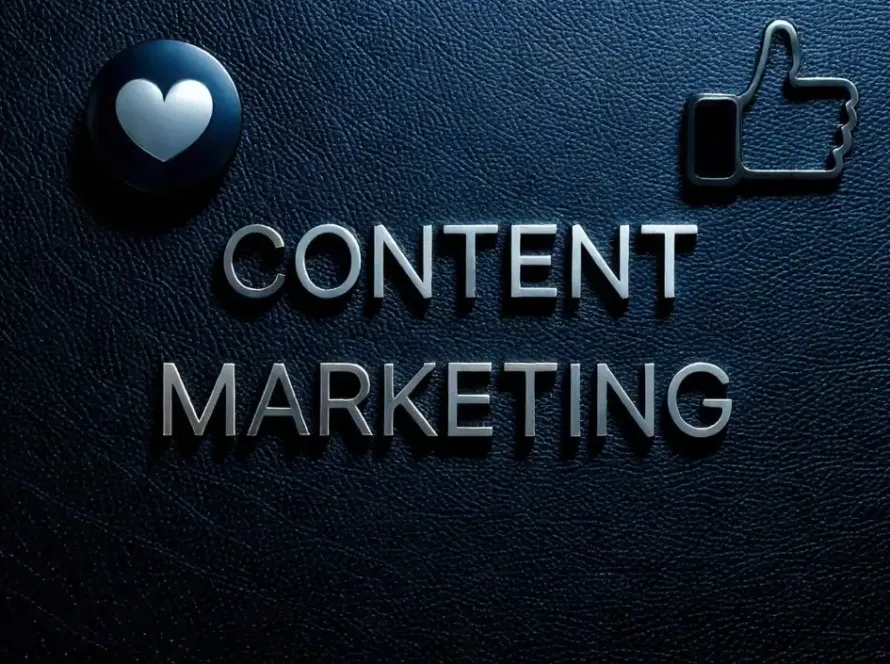 3D-text med orden Content Marketing, omgiven av ett hjärta och en tummen upp-ikon, som representerar MetaGruppens engagerande strategier för sociala medier.