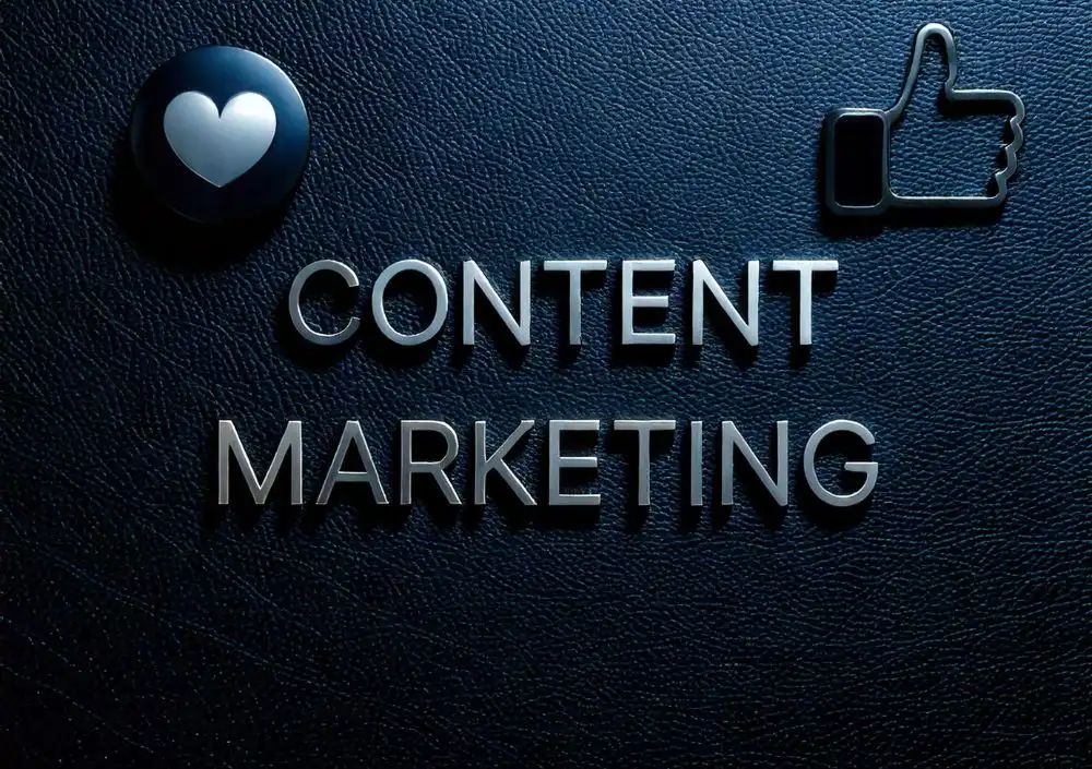 3D-text med orden Content Marketing, omgiven av ett hjärta och en tummen upp-ikon, som representerar MetaGruppens engagerande strategier för sociala medier.