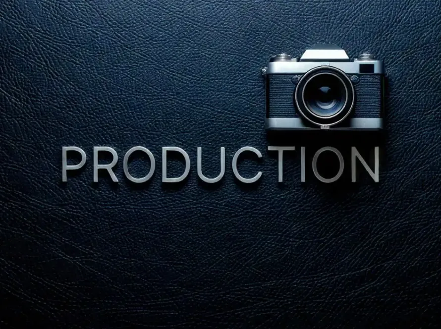 3D-text med ordet Production och en kamera, som representerar MetaGruppens och Standout Studios tjänster inom foto- och videoproduktion.