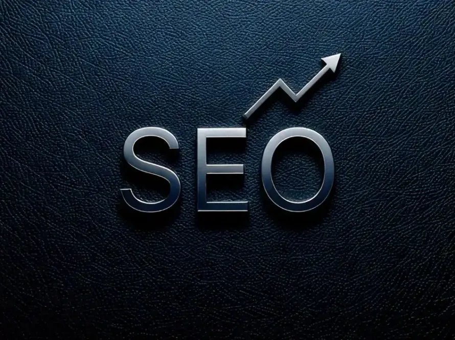 3D-text med bokstäverna SEO och en uppåtgående pil, som representerar MetaGruppens tjänster inom sökmotoroptimering för företag i Stockholm.